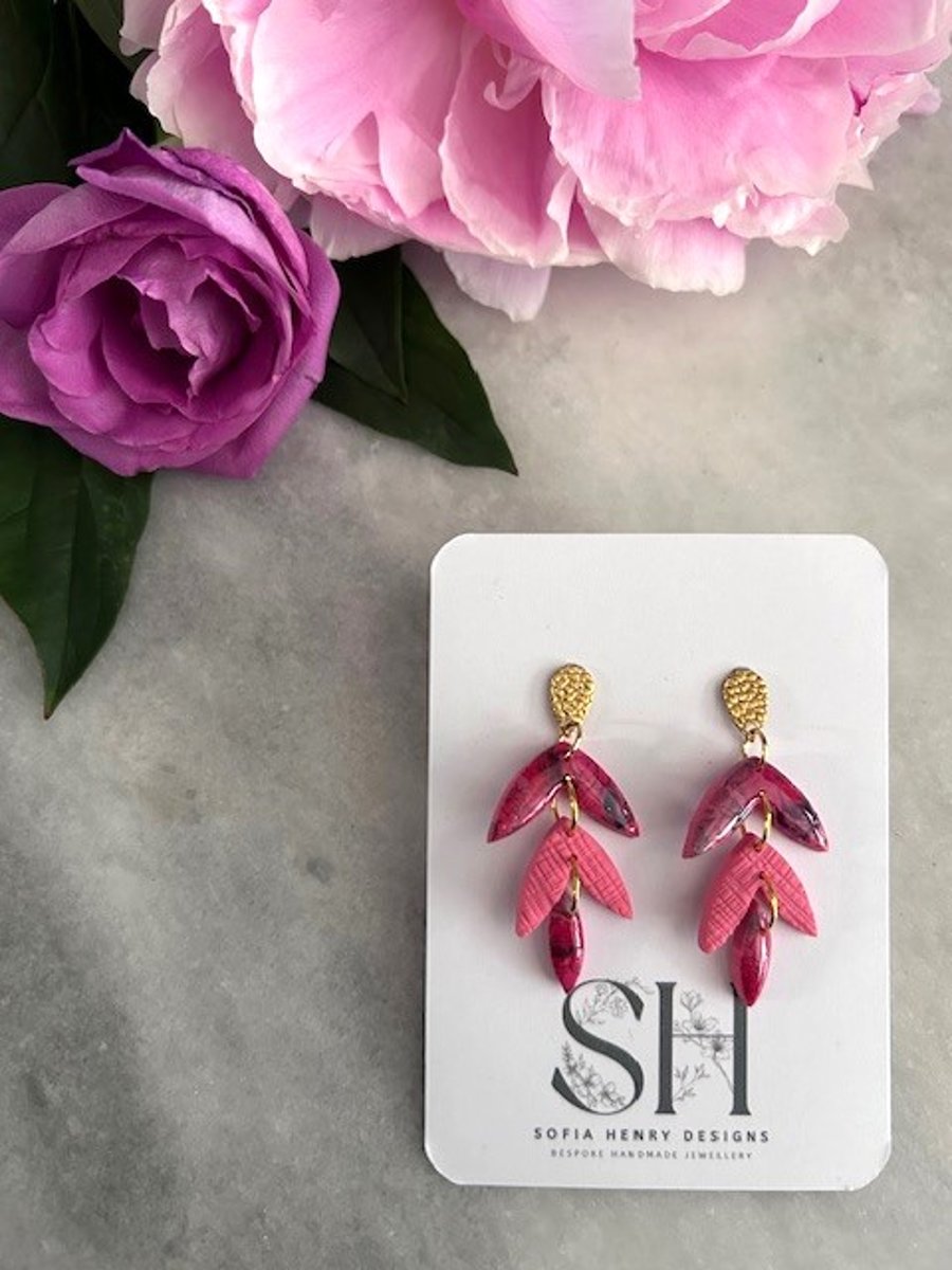 Pink Floral Print Handmade Polymer Clay 3 tier Earrings with Hypoallergenic Stud