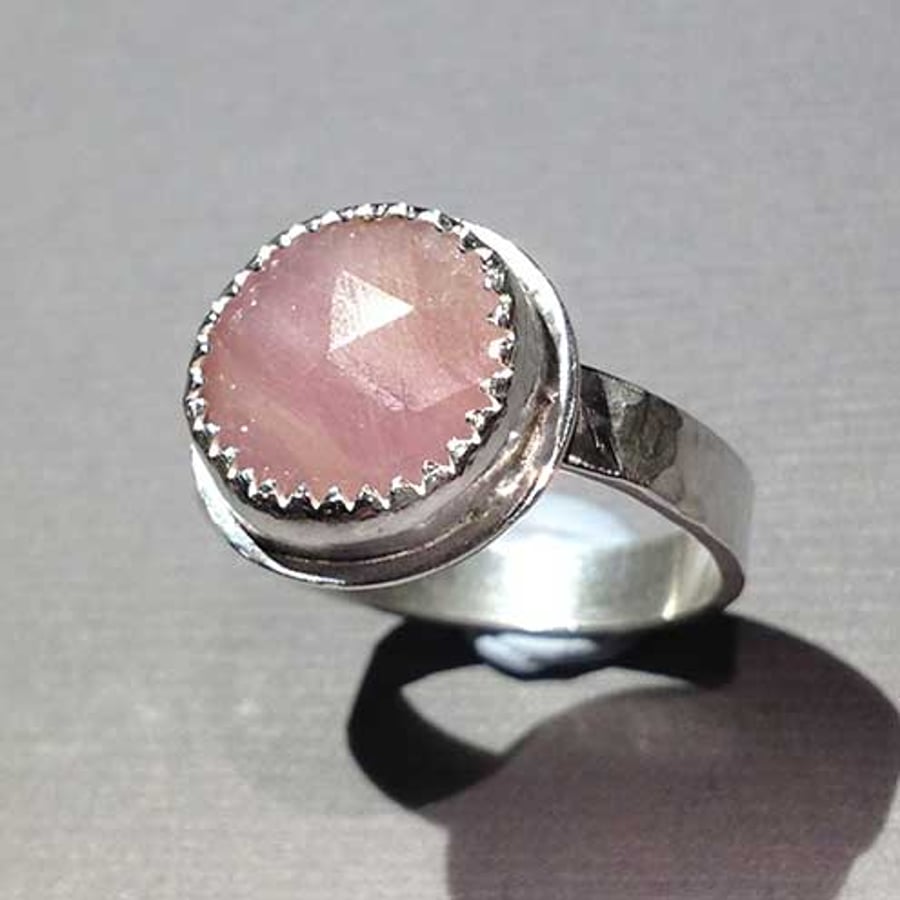 Round Pink Sapphire and silver ring size O