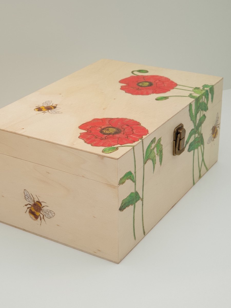 Made to order Wooden memory keepsake storage box with pyrography poppies 
