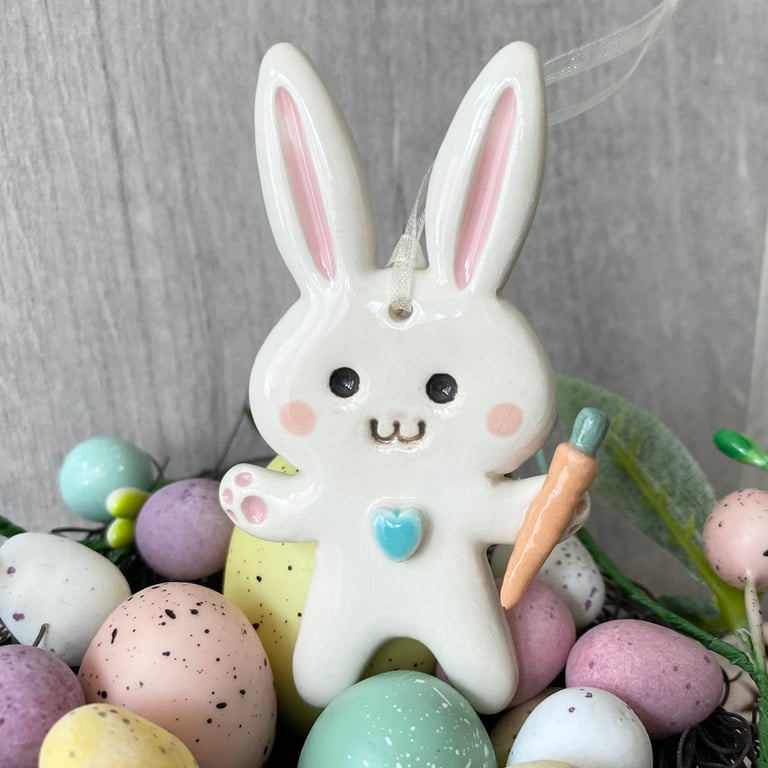 Ceramic Easter Bunny decoration with blue heart