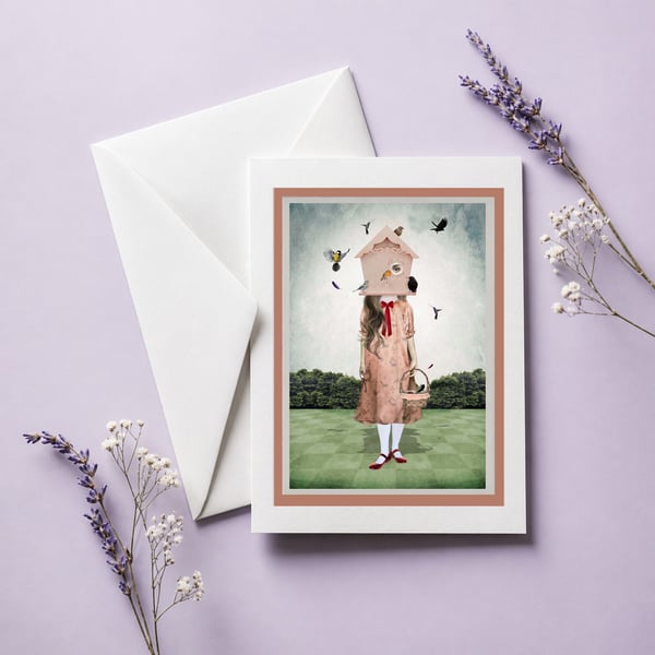 Quirky Girl And Garden Birds Art Greeting Card - Suitable For Framing