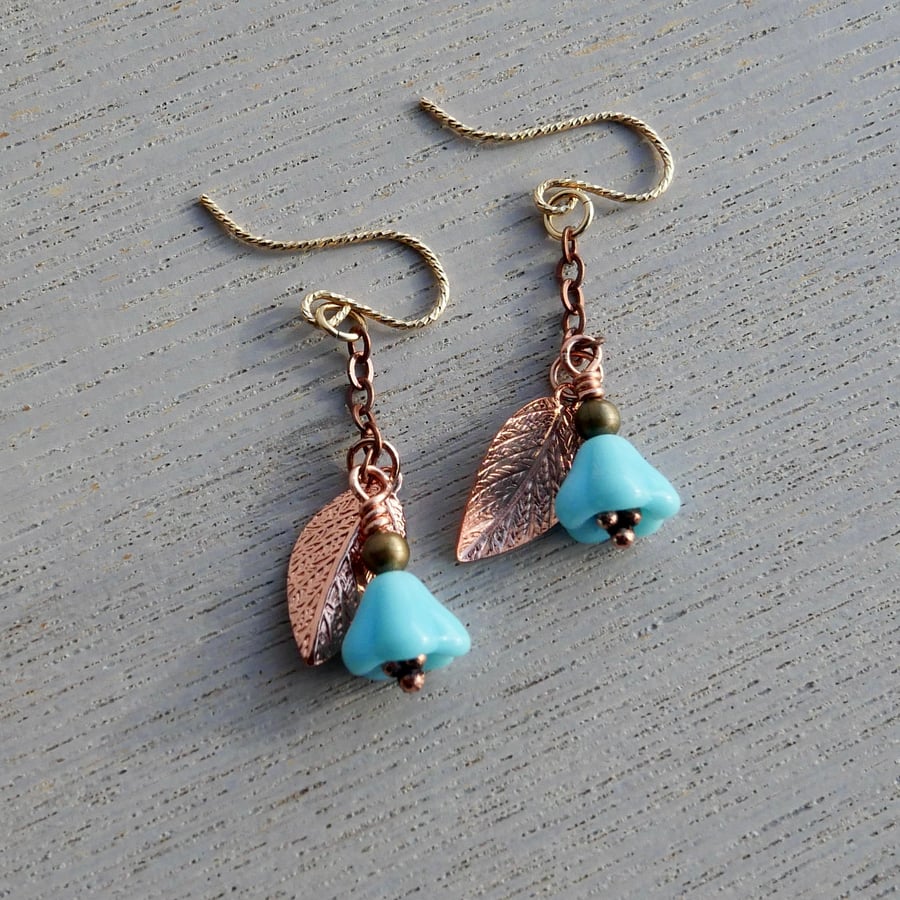 Blue Czech Glass Flower & Copper Leaf Earrings - Sparkly Gold Filled Ear Wires
