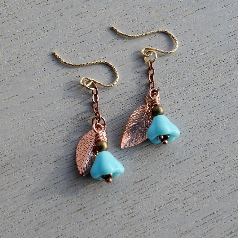 Blue Czech Glass Flower & Copper Leaf Earrings - Sparkly Gold Filled Ear Wires