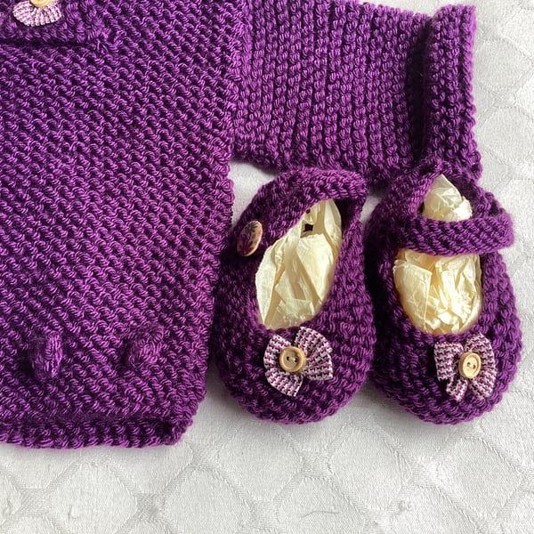 Baby girls Sweet kimono style cardigan and mary jane style shoes in aubergine.