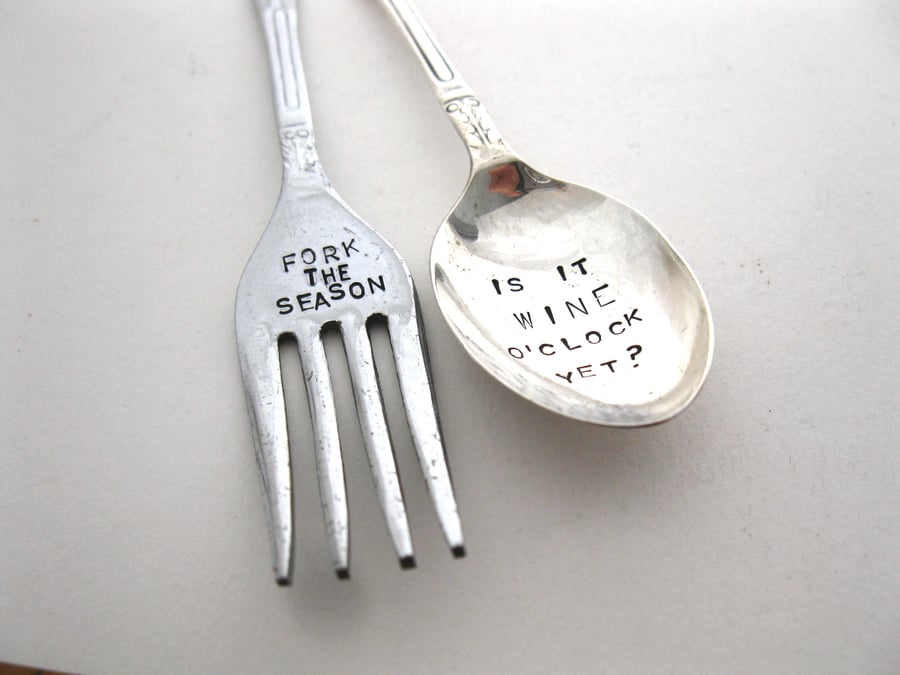 Festive Cakefork and Coffeespoon, Rude Apostle Spoon and Fork Set, Mismatched