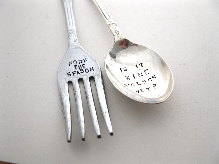 Festive Cakefork and Coffeespoon, Rude Apostle Spoon and Fork Set, Mismatched