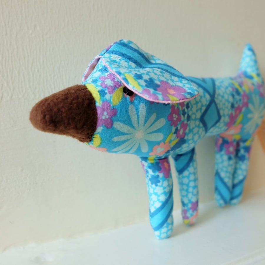 SALE Small Dog Soft Toy, Puppy Plush in Turquoise Blue Retro Flower Fabric 