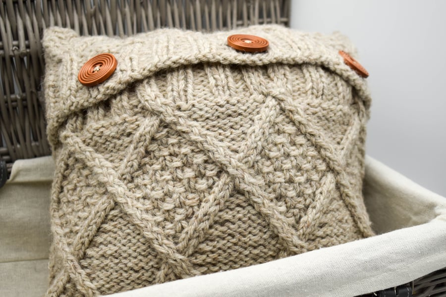 Hand Knitted Shetland wool Aran design cushion 12"x12" in Cream