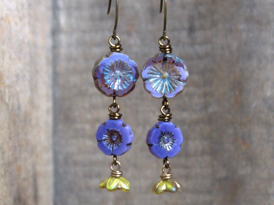 Purple & Green Czech Glass Flower Earrings. Lavender Cascading Floral Earrings