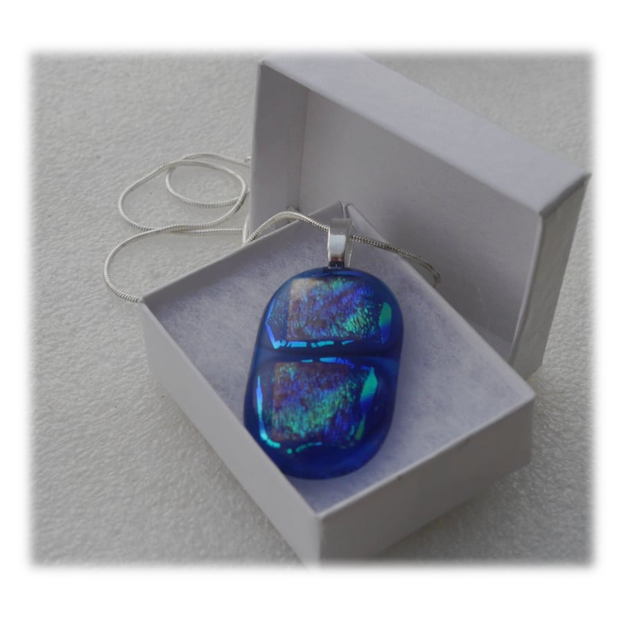 Peacock Dichroic Glass Pendant 132 Blue Sparkle with silver plated chain