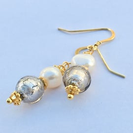 Venetian Platinum Glass Quality Pearl, Gold Vermail Earrings Wedding Valentine