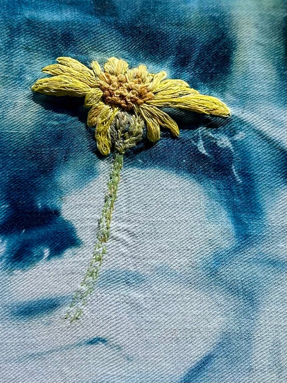 Plants for pollinators 2 - Ragwort 1 - Cyanotype & stitch - Eco Textile Art
