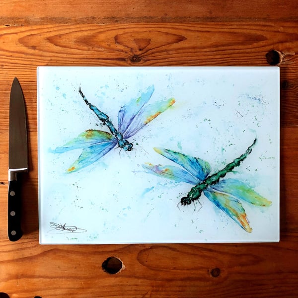 Dragonflies Glass Chopping Board, Kitchen Worktop Saver, Table Mat, Cutting Mat.