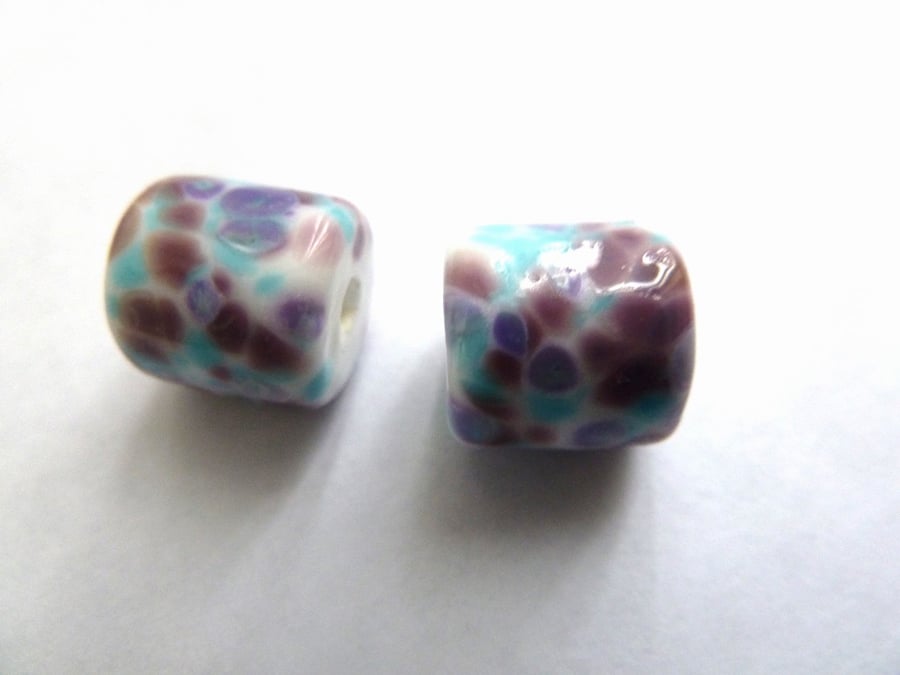 handmade lampwork glass beads, lilac frit barrels