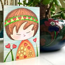 Japanese Kokeshi Doll Art Print Card, Cute Valentines Greetings Card