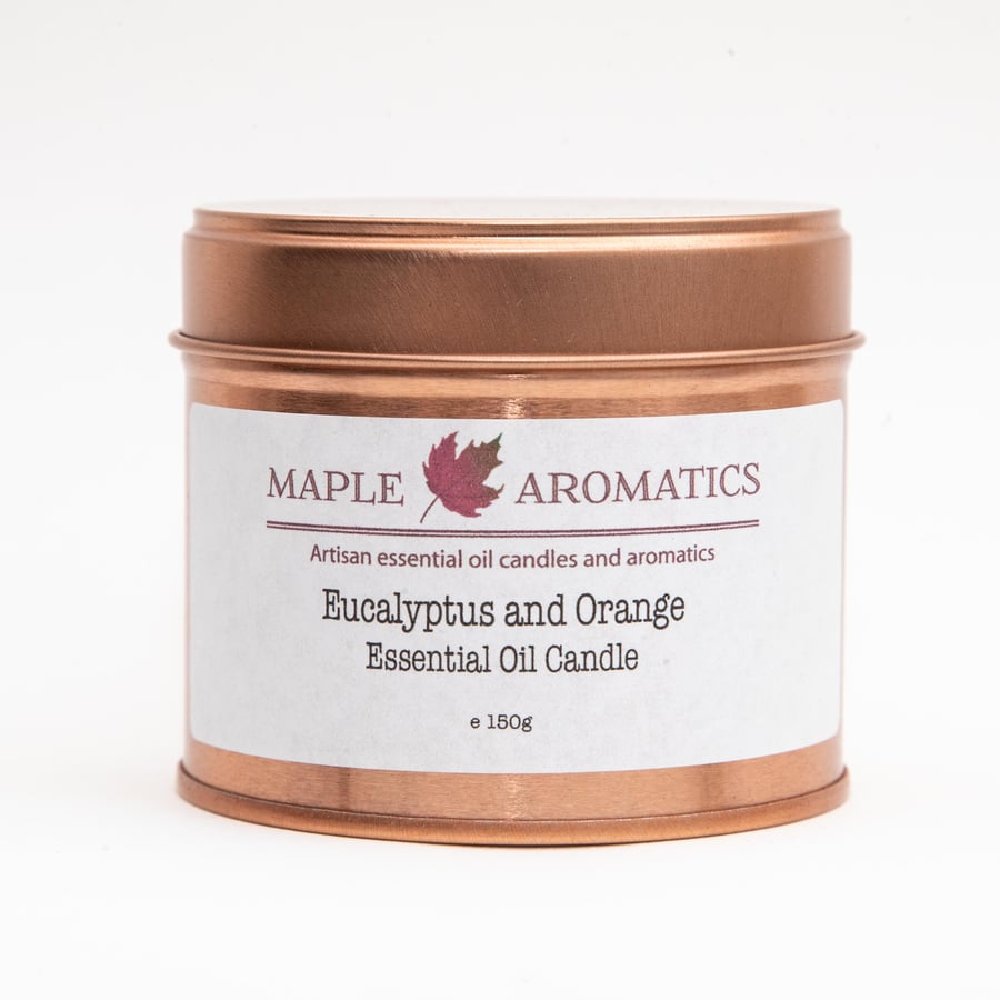 Maple Aromatics Eucalyptus and Orange Soy Wax Rose Gold 150g Candle Tin