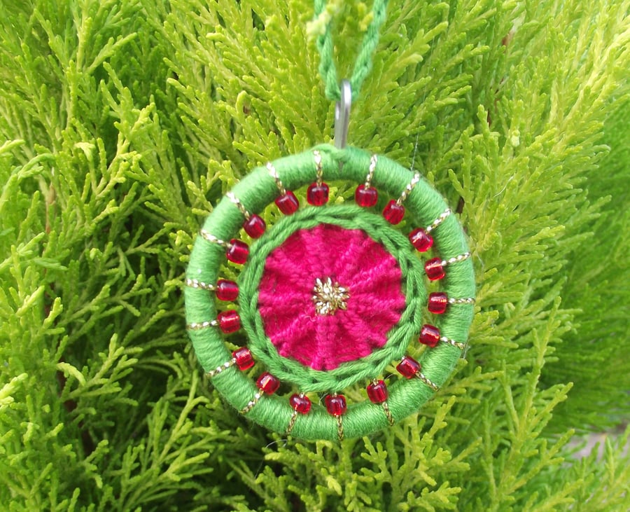 Christmas Decoration, Dorset Button, Green, Red, Gold, Red Beads, Handmade