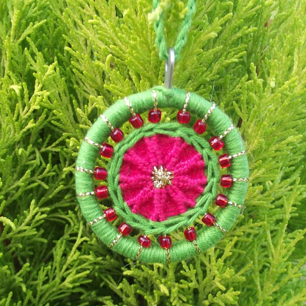 Christmas Decoration, Dorset Button, Green, Red, Gold, Red Beads, Handmade
