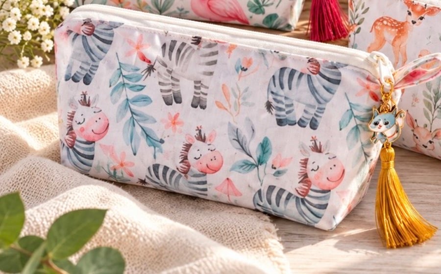 Handmade Zipped Fabric Pouch - Lined Washable Multipurpose Bag with Fun Charms