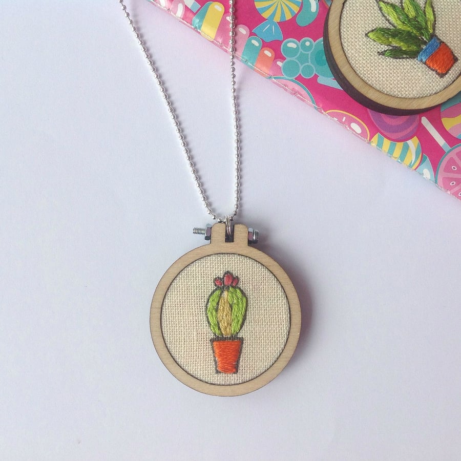Hand Embroidered Cactus Necklace