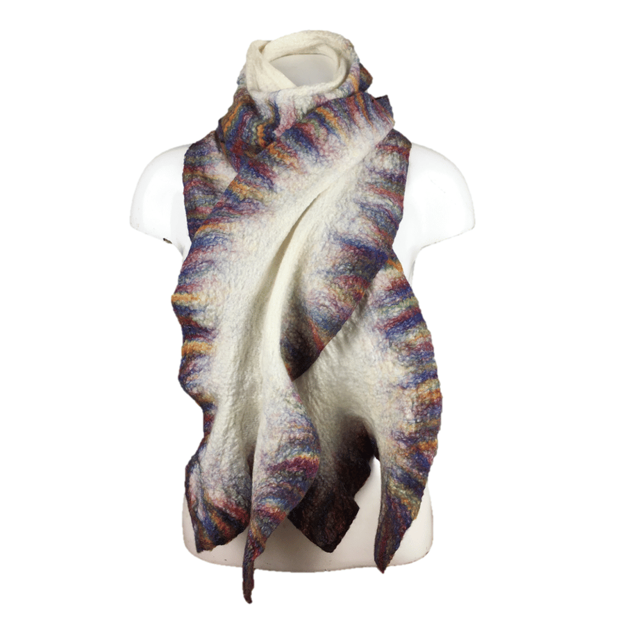 Long white nuno felted scarf with ruffled rainbow border, gift boxed