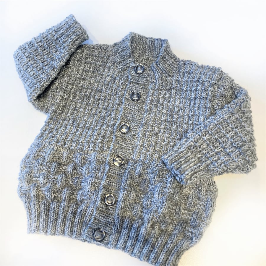 Hand knitted baby cardigan 0-9 months with tractor embroidery