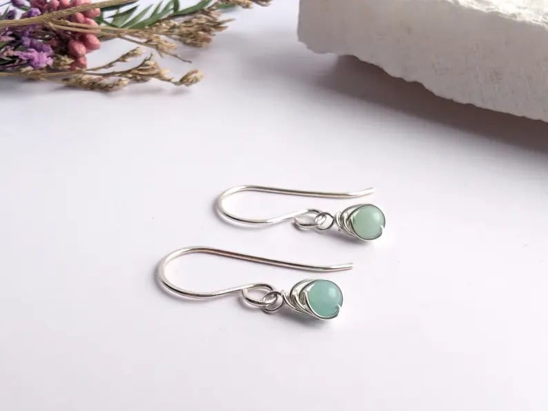 AMAZONITE Earrings Sterling Silver or Gold Filled, Dainty Wire Wrapped Earrings
