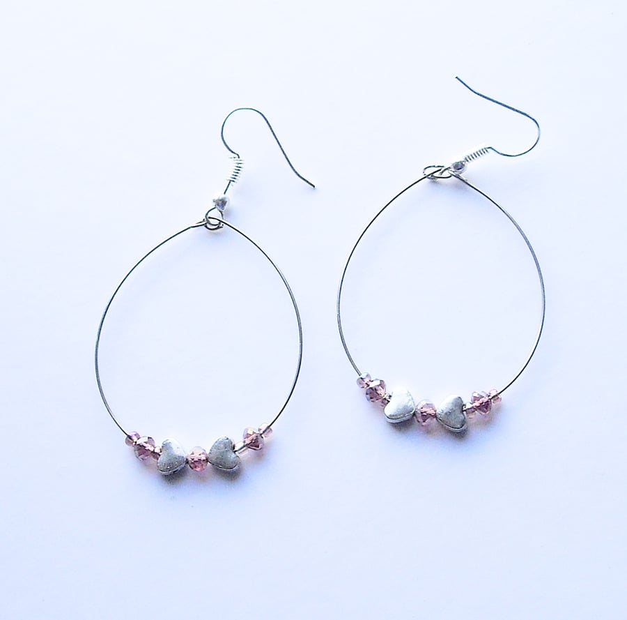 Silver Heart and Purple Crystal Bead Hoop Earrings - UK Free Post