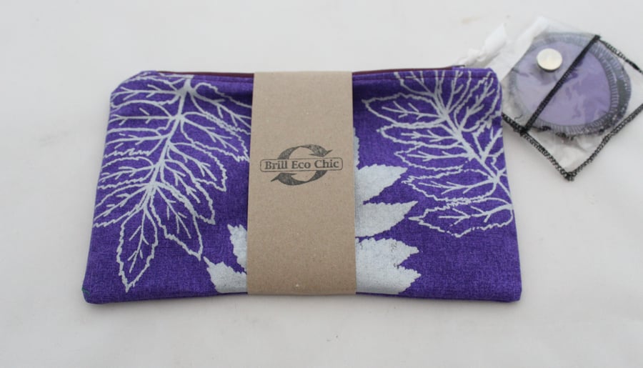 Zip up purple & silver hand print leaf pattern make up bag & Eco wipes gift set