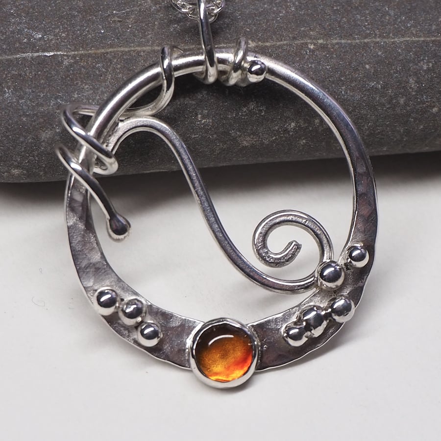 Silver pendant, amber, spirals and pebbles, hallmarked pendant necklace