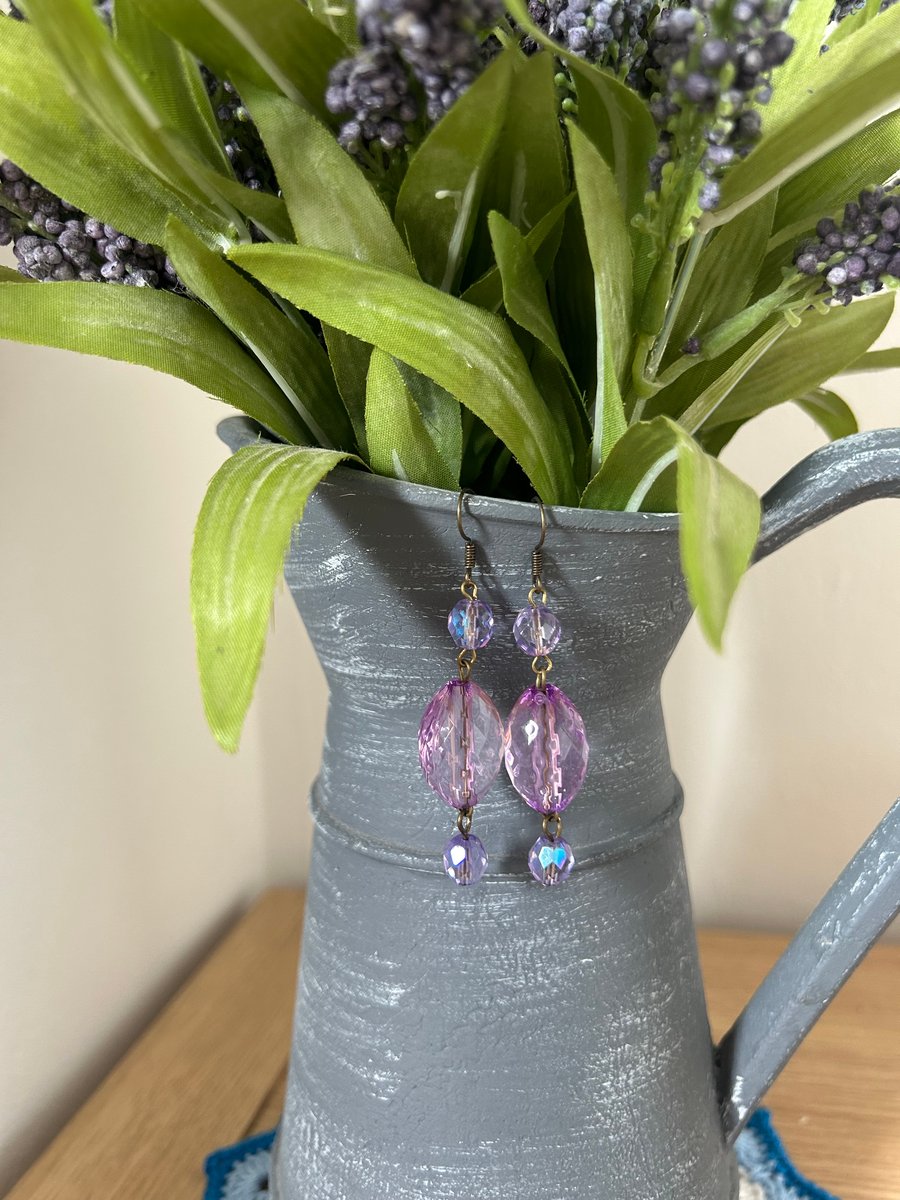 Long Purple Beaded Drop Earrings 