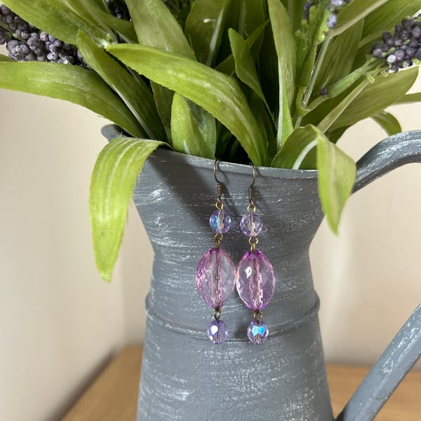 Long Purple Beaded Drop Earrings 