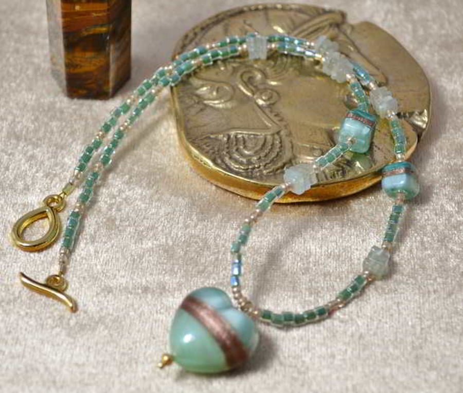 Aquamarine & Murano Glass Heart Necklace