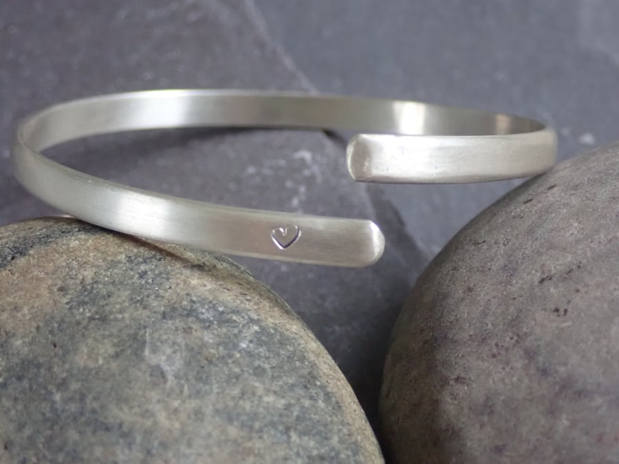 Sterling Silver Open Cuff Bangle, stamped with heart and secret "Hug" message