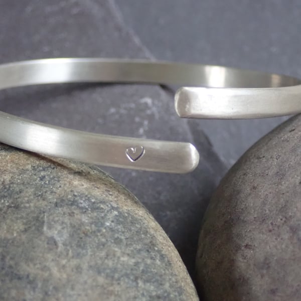 Sterling Silver Open Cuff Bangle, stamped with heart and secret "Hug" message