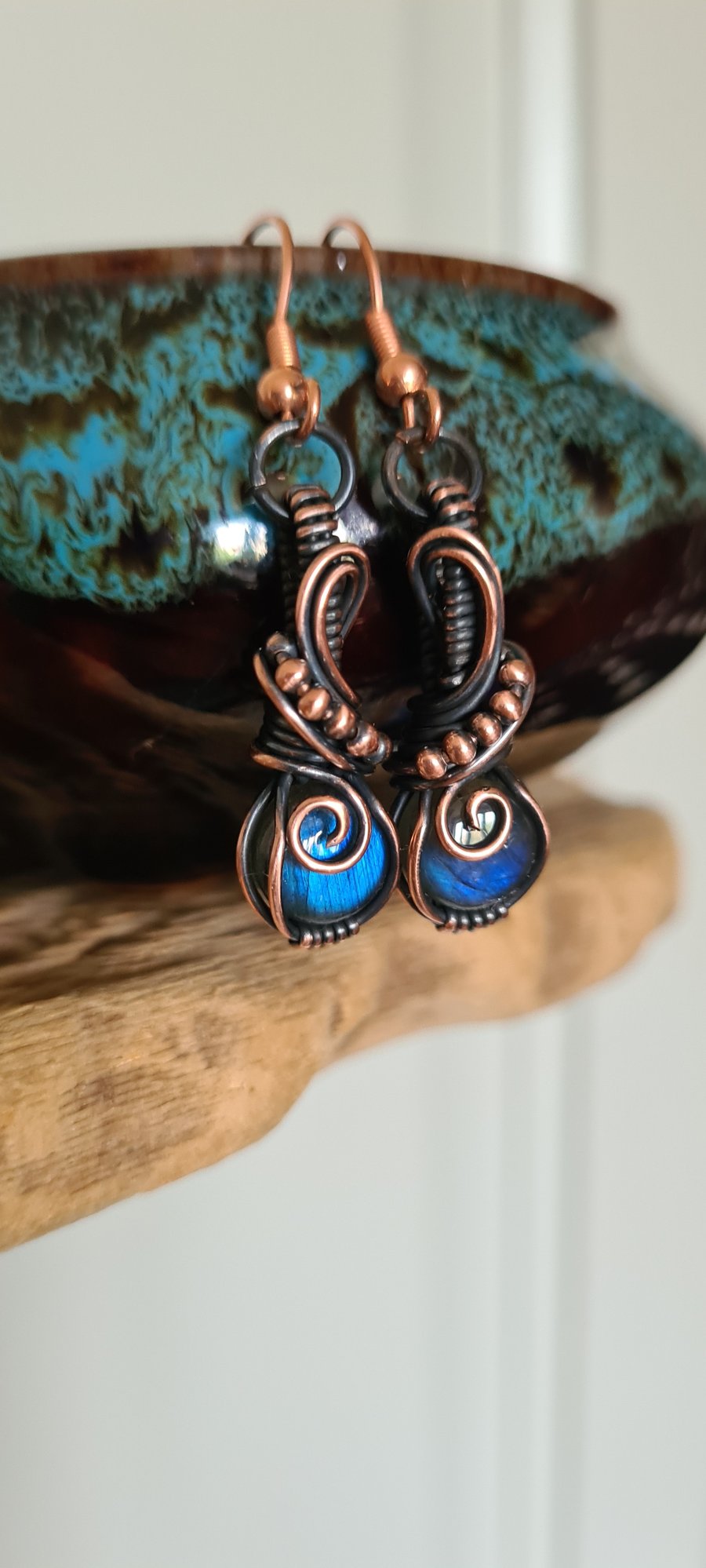 Natural Blue Labradorite & Copper Wire Wrapped Earrings Gift Crystal Jewellery