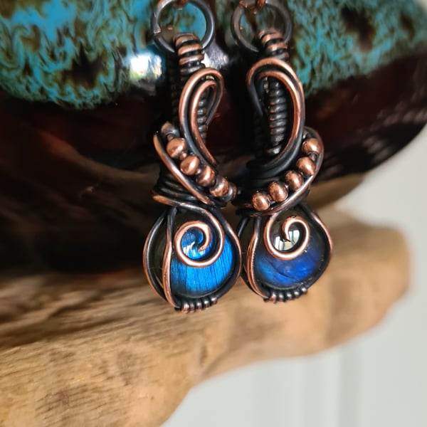 Natural Blue Labradorite & Copper Wire Wrapped Earrings Gift Crystal Jewellery