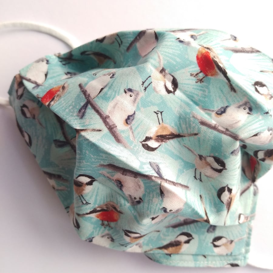 Fabric Face Covering - Christmas: Pale Turquoise Blue Winter Birds