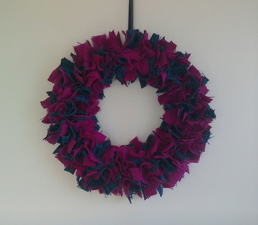Harris Tweed decorative wreath, pink and teal, rag wreath
