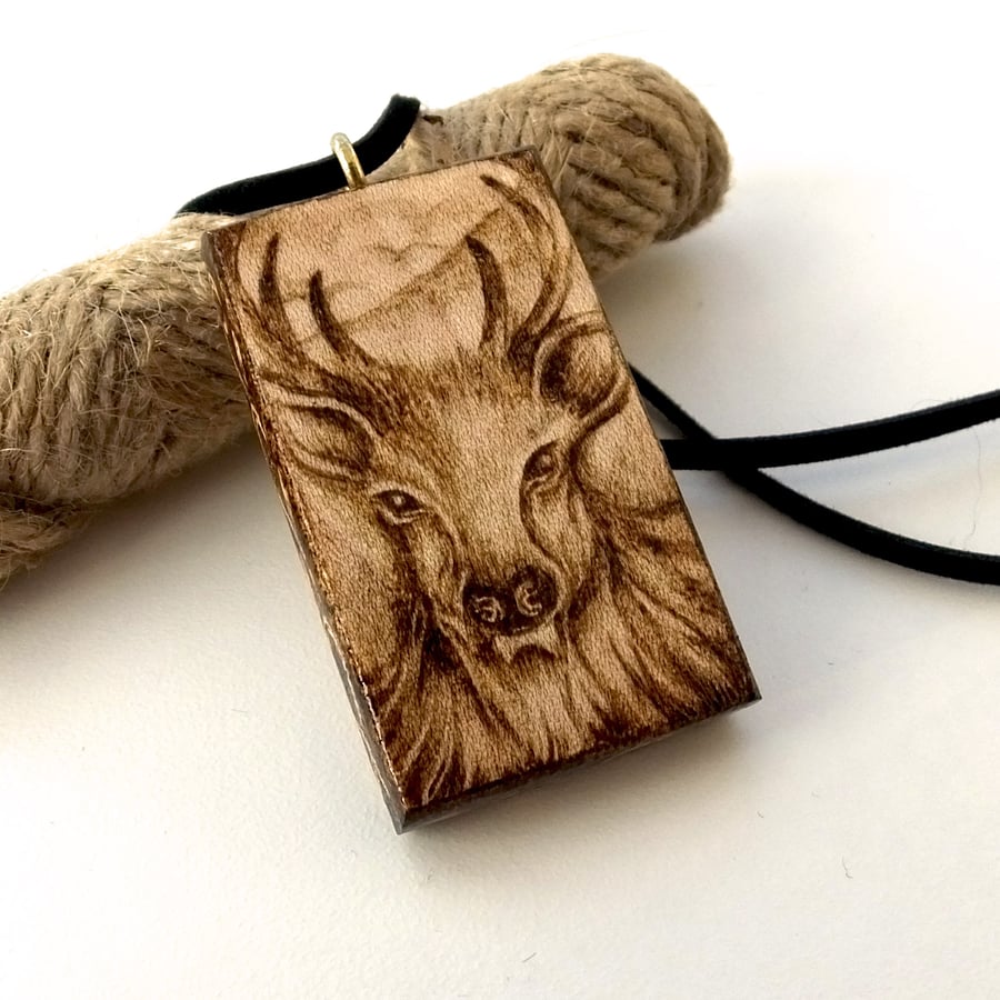 Majestic Stag Pendant, Wood Pyrography Deer Necklace, Ideal Nature Lover Gift 