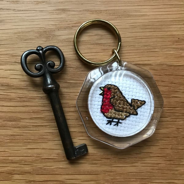 Robin Redbreast Embroidered Cross Stitch Key Ring Fob