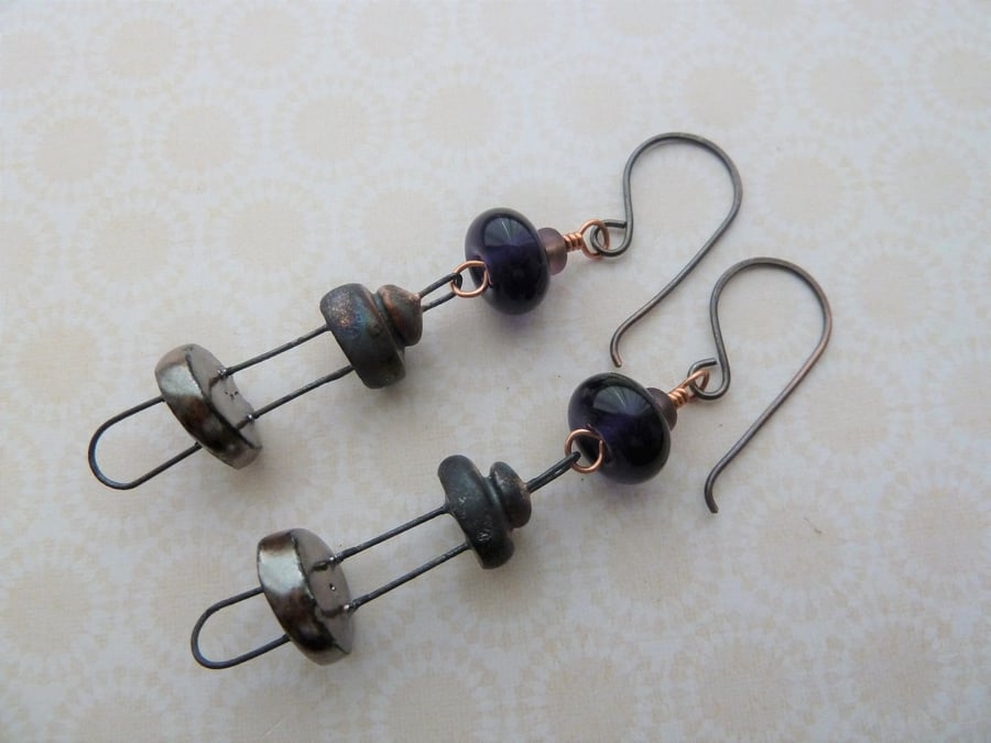 handmade copper, lampwork and ceramic disc earrings