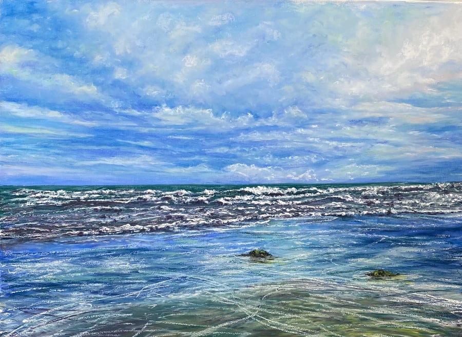 Ocean painting, blue skies, sea and swirling waves. Signed, original art.