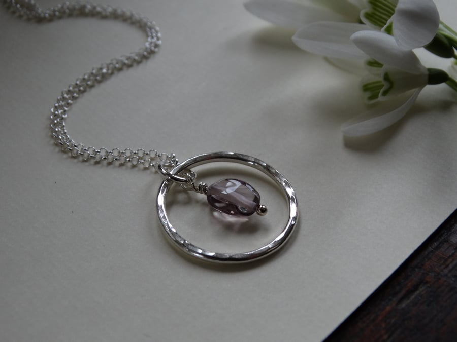 Silver hoop pendant - amethyst gemstone - recycled silver - February birthstone