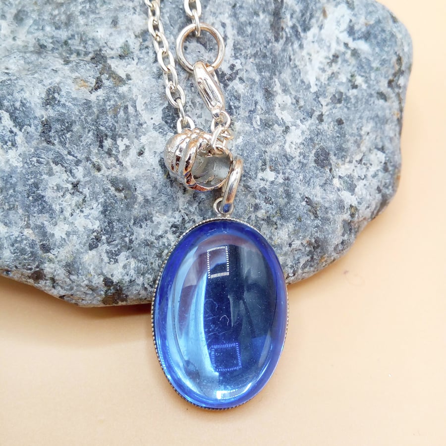 Chain Necklace with a Blue Glass Cabochon in a Silver Plated Setting