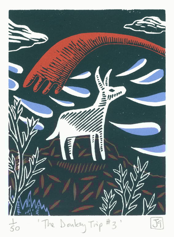 The Donkey Trip No.3 A5 three-colour linocut screen-print