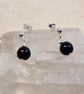 Tiny Obsidian french ball drop stud earrings. 925 sterling silver - Image 3