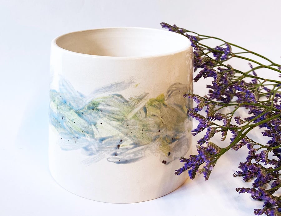 Hand glazed, wheel thrown ceramic planter in shades of green and blue