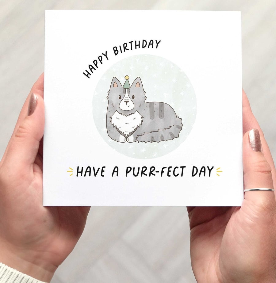 CAT BIRTHDAY CARD , purr-fect pun birthday card, illustrated cat happy birthday 