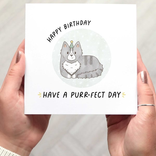 CAT BIRTHDAY CARD , purr-fect pun birthday card, illustrated cat happy birthday 